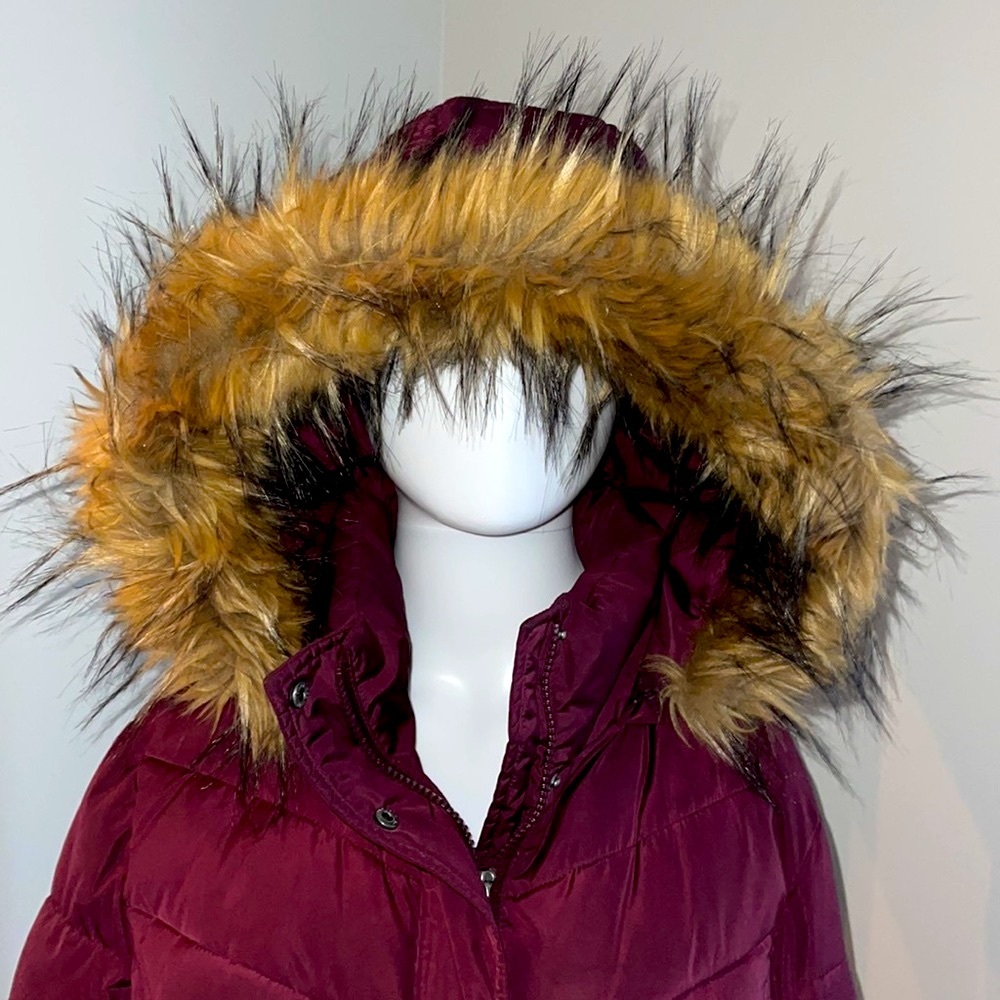 Tommy Hilfiger Burgandy Puffer Long Jacket Coat Detachable Faux Fur Hoodie M - Picture 6 of 15